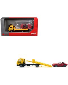 2023 ADAC Flatbed Tow Truck Yellow & BMW Z4 Convertible Red 1/87 HO Model Cars Set