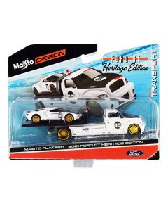 2021 Ford GT #98 Heritage Edition Diecast Model with Flatbed Truck 1/64 Maisto
