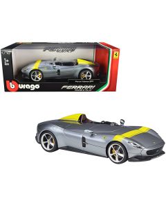 2023 Ferrari Monza SP1 1/18 Diecast Model Car Silver Metallic Yellow Stripes Bburago