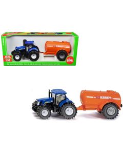 2023 New Holland T7070 Tractor Blue 1/50 Diecast Model with Abbey Vacuum Tanker Orange by Siku