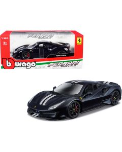 2019 Ferrari 488 Pista 1/24 Diecast Model Car Dark Blue Metallic Silver Stripes Bburago