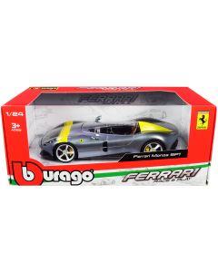 2023 Bburago Ferrari Monza SP1 1/24 Diecast Model Car Silver Metallic Yellow Stripes