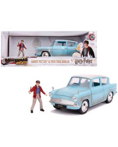 1959 Ford Anglia Diecast Model Car Light Blue (Weathered) with Harry Potter Figurine 1/24