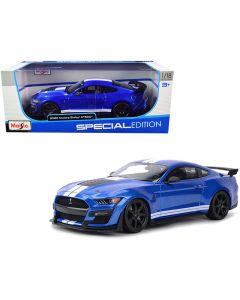 2020 Ford Mustang Shelby GT500 Diecast Model Car 1/18 Blue Metallic White Stripes