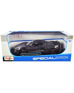 2020 Chevrolet Corvette Stingray C8 1/18 Diecast Model Car Dark Gray Metallic Racing Stripes by Maisto