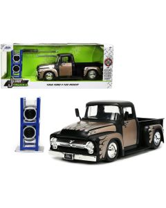1956 Ford F-100 Pickup Truck Matt Black Flames 1/24 Diecast Jada