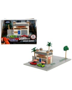 2023 Toretto Cafe Diorama with Mitsubishi Eclipse Green & Ford F-150 SVT Lightning Red - Fast & Furious Nano Scene Model by Jada