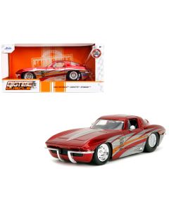 1963 Chevrolet Corvette Stingray 1/24 Diecast Model Car Red Metallic Silver Graphics Bigtime Muscle