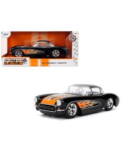 1957 Chevrolet Corvette Diecast Model Car Black Flame Graphics White Interior 1/24 Jada