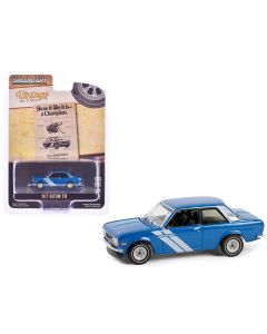 1972 Datsun 510 Diecast Model Car Blue Metallic White Stripes Greenlight 1/64