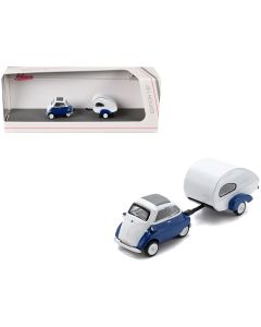1954 BMW Isetta Diecast Model Car Blue & White 1/87 HO with Trailer by Schuco