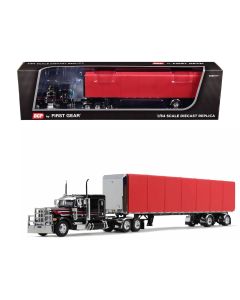2023 Peterbilt 379 63 Flat Top Sleeper & 53' Roll Tarp Trailer Diecast Model Black/Red