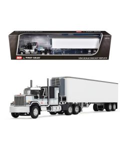 2023 GMC General 1/64 Diecast Model with 60 Flat Top Sleeper & 40' Vintage Refrigerated Trailer - Black/Gray/White Stripes by DCP/First Gear