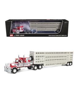 2023 Mack Super-Liner 60 Flat Top Sleeper Diecast Model + 45' Wilson Vintage Livestock Trailer Red/White/Gray Stripes 1/64 by DCP/First Gear
