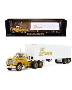 2023 Mack R-Model Day Cab & 40' Vintage Trailer Diecast Model Yellow Red Stripes