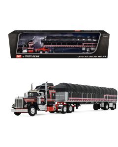 2023 Kenworth W900A 60 Aerodyne Sleeper & 53' Wilson Roadbrute Flatbed Trailer Diecast Model, Black/Red Stripes