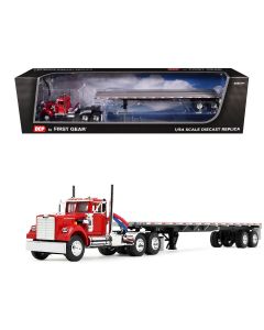 2023 White Western Star 4900 Day Cab 1/64 Diecast Model w/48 Utility Flatbed Trailer Viper Red by DCP/First Gear