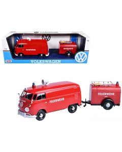 2023 Volkswagen Type 2 (T1) Fire Van & Trailer Feuerwehr Red 1/24 Diecast Model
