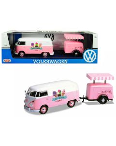 2023 Volkswagen T1 Delivery Van & Ice-Cream Trailer 1/24 Diecast Model - Pink/White