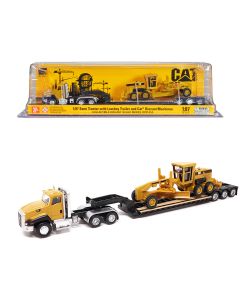 2018 CAT Caterpillar CT660 Day Cab Tractor Yellow Diecast Model 1/87 HO with Lowboy Trailer & Grader