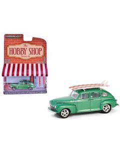 1946 Ford Super Deluxe Diecast Model Car Green Metallic 1/64 with Surfboards