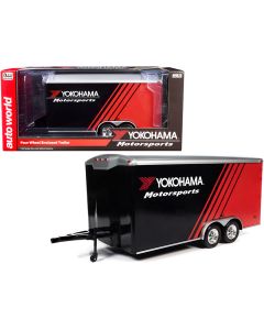 2023 Four Wheel Enclosed Car Trailer - Yokohama Motorsports, Black & Red for 1/18 Scale Model Cars