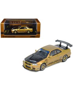 2002 Nissan Skyline GT-R R34 RHD Diecast Model Car Gold Metallic Carbon Hood 1/64