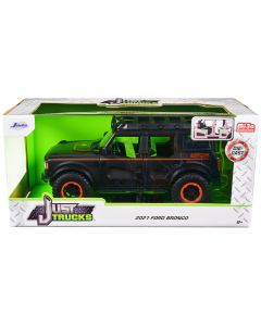 2021 Ford Bronco Diecast Model Car 1/24 Matt Black Orange Stripes Roof Rack Jada