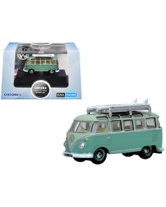 2023 Volkswagen T1 Samba Bus RHD Green Two-Tone Diecast Model with Surfboards 1/148 Scale