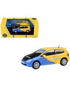 2001 Honda Civic Type R EP3 Spoon Sports Diecast Model Car 1/64 Blue Yellow Black Hood