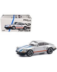 2023 Singer 964 Diecast Model Car, Silver Metallic, Blue & Red Stripes, 1/64 Scale by Pop Race