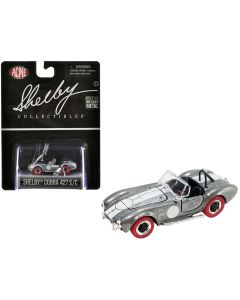 2023 Shelby Cobra 427 S/C Diecast Model Car 1/64 - Raw Metal, White Stripes, Red Tires